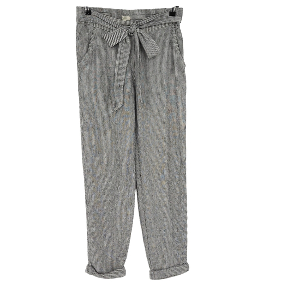 Max Studio Tapered Pants Linen Black Stripe High Rise Pull On Tie Belt Medium - Picture 1 of 7